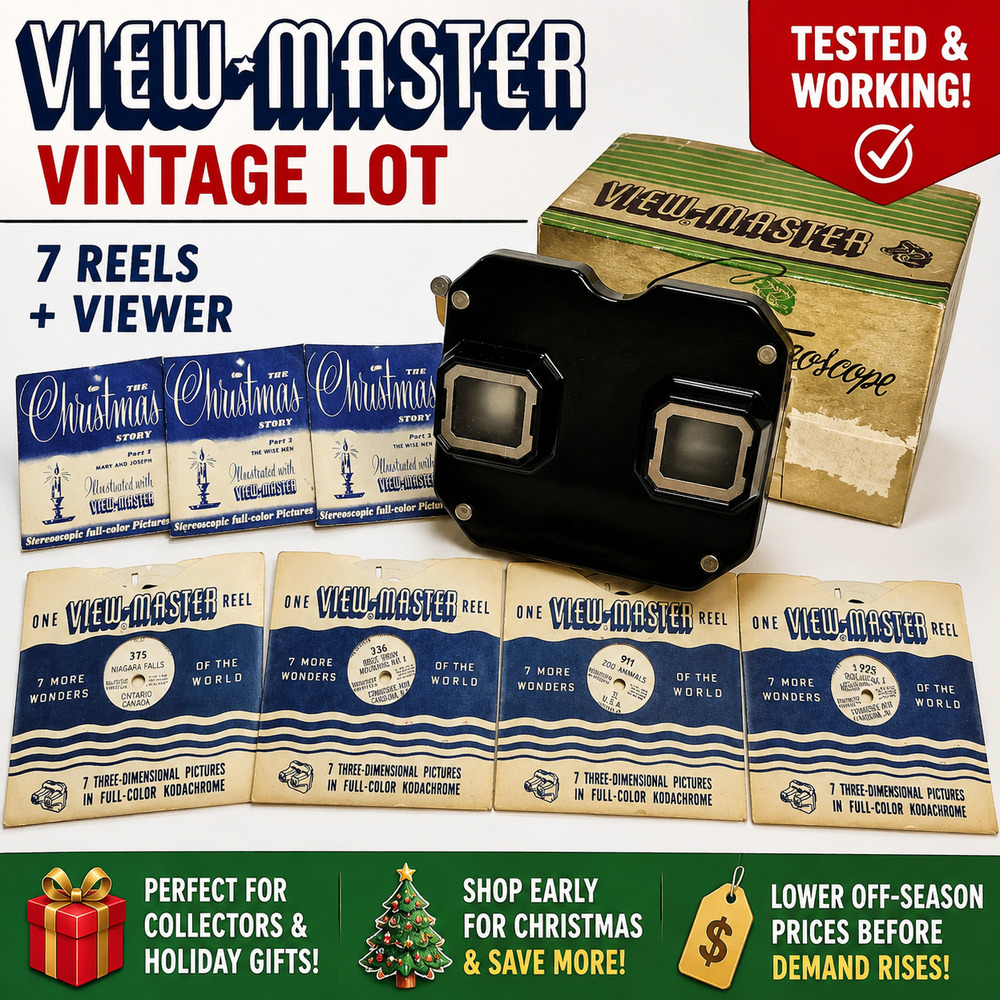 Vintage View-Master Viewer Tested Working + 7 Reels Christmas Niagara